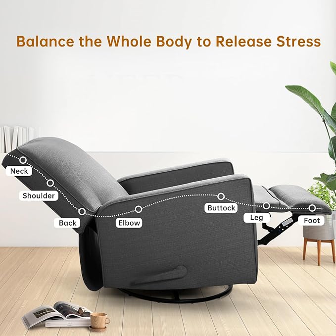 KeyEnergy Swivel Rocker Recliner Chair for Adults, High Back Fabric Recliner with Deep Seat, Manual Glider for Living Room & Nursery, Charcoal