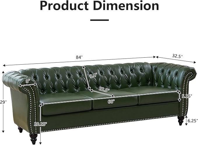 QHITTY Accent Large Sofa, Chesterfield Couch 3 Seater Modern Leather Couch Upholstered Sofa with Tufted Back for Living Room Furniture (Green)