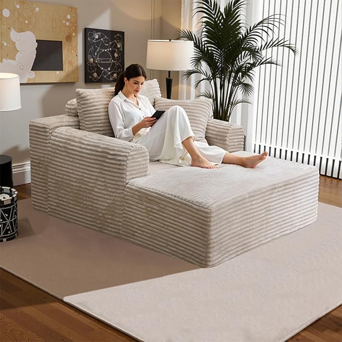 Oversized Chaise Lounge Chair Indoor, Upholstered Single 61'' Round Arm Boneless Cloud Sofa Bed Sleeper Couch, No Assembly Faux Rabbit Fur Memory Foam Reading Chair for Living Room Bedroom Beige