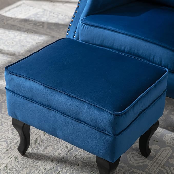 Janoray Mid Century Modern Accent Chair Upholstered Armchair Comfy Velvet Tufted Wingback Single Sofa with Ottoman for Bedroom Living Room, Blue