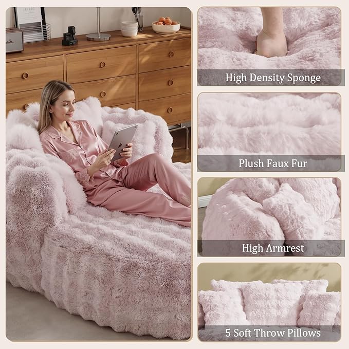 55" W Oversized Round Chaise Lounge Chair with Ottoman Indoor Boneless Faux Fur Plush Fluffy Circle Couch Soft Comfy Cozy Cloud Reading Chair with 5 Pillows for Living Room, Playroom, Bedroom - Pink