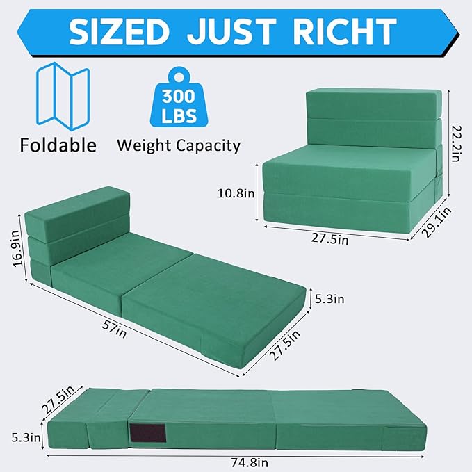 Folding Sofa Bed with Backrest 4 in 1 Convertible Sleeper Chair Memory Foam Fold Out Chair Bed Foldable Mattress Portable Floor Futon Sofa Couch for Living Room/Dorm/Guest Room/Home Office