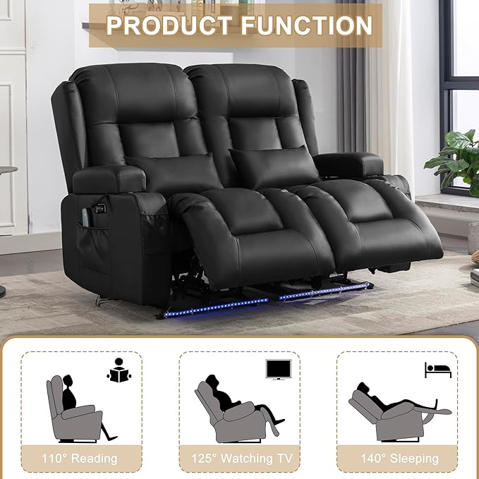 URRED Loveseat Recliner Sofa with Massage and Heat, Power Reclining Loveseat Sofa RV Couch Home Theater Seating with LED Lights, Cup Holders, Side Pockets, USB, Pillows, Faux Leather, Black
