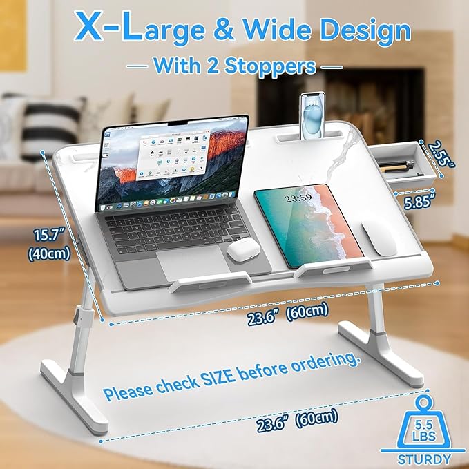 Bed Desk for Laptop - Marble Pattern, Adjustable X-Large Foldable Lap Desk, Laptop Lap Desk with 2 Movable Stoppers and Drawer for Bed Couch Floor Writing Eating Working (23.6 inch)