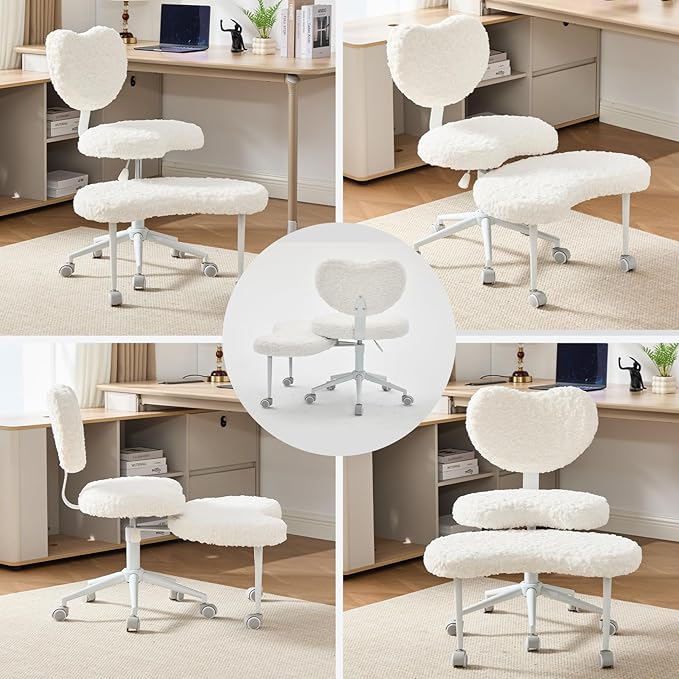 Meditation Chair with Wheels, Ergonomic Criss Cross Chair, Adjustable ADHD Floor Sitting Chair, Swivel Cross Legged Office Chair with High Back, Kneeling Posture Chair, Plush Faux Fur Fabric（Beige）
