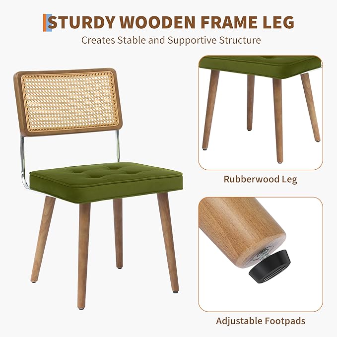 GarveeHome Natural Rattan Dining Chairs Set of 2, Velvet Upholstered Kitchen Chairs with Tall Cane Backrest and Strong Wood Legs for Dining Room, Kitchen, Restaurant, Green