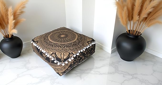 CRAFT KALA 18" Square Large Hippie Mandala Meditation Floor Ottoman Pillow Cushion Pouf Cover Square Poufs Bohemian Circle Floor Cushion Case Outdoor Fireplace Yoga Living Room Decor Cover Black Gold
