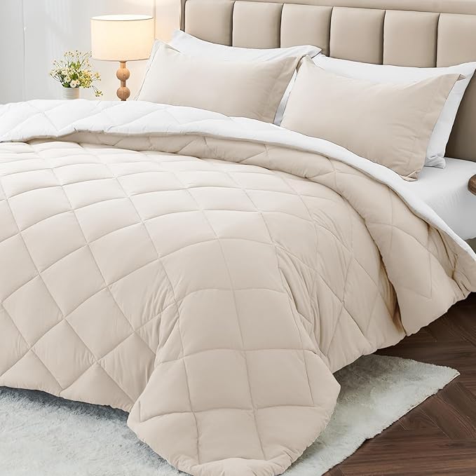 MUXHOMO 7 Pieces King Comforter Set, Reversible Bed in a Bag King Size, All Season Bedding Set with Comforter, Flat Sheet, Fitted Sheet, Pillowcases & Shams, Beige & White