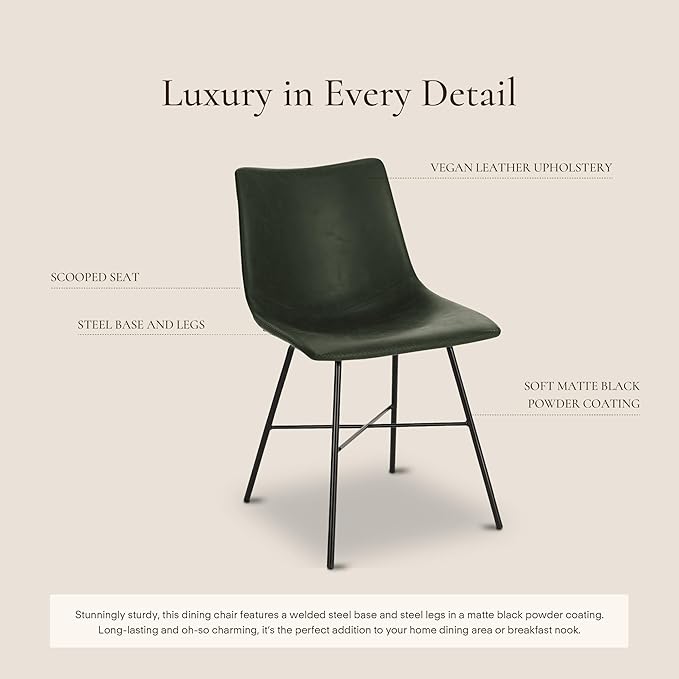 POLY & BARK Paxton Leather Dining Chairs – Set of 2 Modern Dining Room Chairs with Low Back – Faux Leather Upholstery and Matte Black Steel Base – Comfortable Seating for Stylish Interiors – Ivy Green