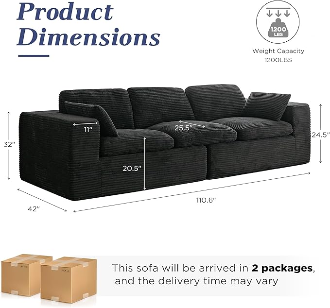 Esright 110" Oversized Sofa for Living Room, Cloud Boneless Couch with Fluffy Seat Cushions, 3 Seater Upholstered Floor Sofa, No Assembly Required, Black