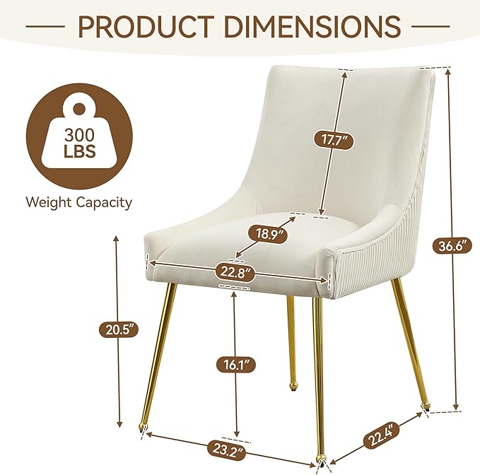 WUTUTUEE Velvet Dining Chairs Set of 6 Gold Legs,Upholstered Velvet Accent Chairs, Pleated Back Design & Gold Pull Handle, Mid Century Modern Chairs for Dining/Kitchen/Living Room,Beige