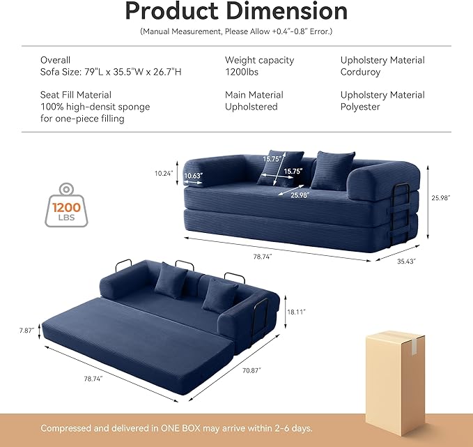 ZQRhome 79" 5-in-1 Convertible Sofa Bed, Premium Sleeper with Reinforced Frame & Plush Corduroy, No Assembly Modern Couch for Lounge, Living Room & Guest Room, Blue