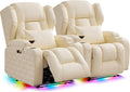 Wall Hugger Power Recliner Chair with Heat and Massage, Overstuffed Reclining Sofa Chair for Living Room Home Theater RV with 3-Side LED Lights/Cup Holders/USB & Type C Port (White)