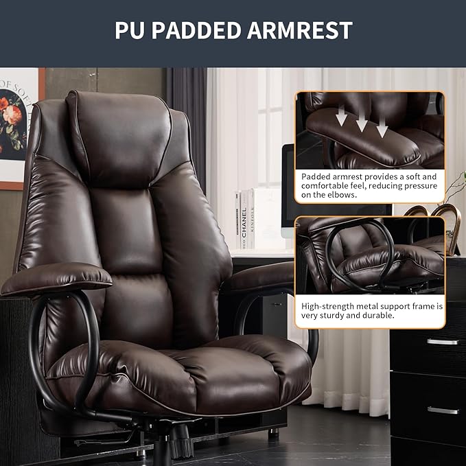 ATMILD Office Chair Big and Tall, High Back Ergonomic Office Chair with Padded Armrest, 400 lbs,PU Leather (Dark Brown)