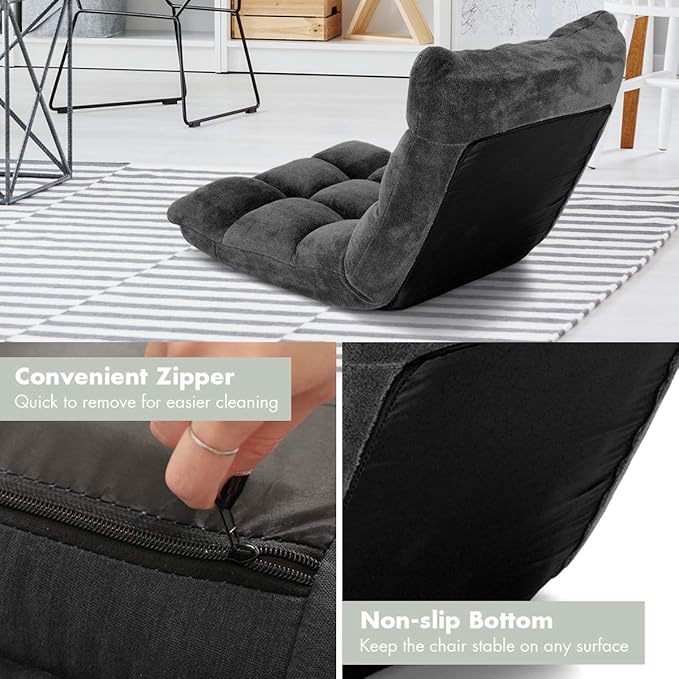 S AFSTAR Cushioned Floor Chair, 14-Position Adjustable Padded Lazy Recliner with Comfortable Back Support and Skin-Friendly Cover, Great for Reading, Playing Game, Meditating (Mysterious Black)