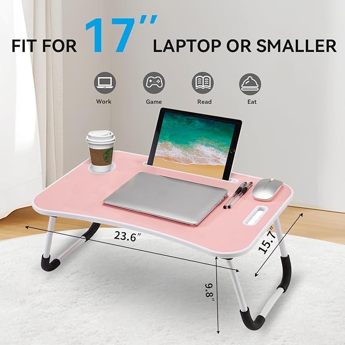 BUYIFY Folding Lap Desk, 23 Inch Portable Wood Blue Laptop Bed Desk Lap Desk with Cup Holder, for Working Reading Writing, Eating, Watching Movies for Bed Sofa Couch Floor -new008 Pink
