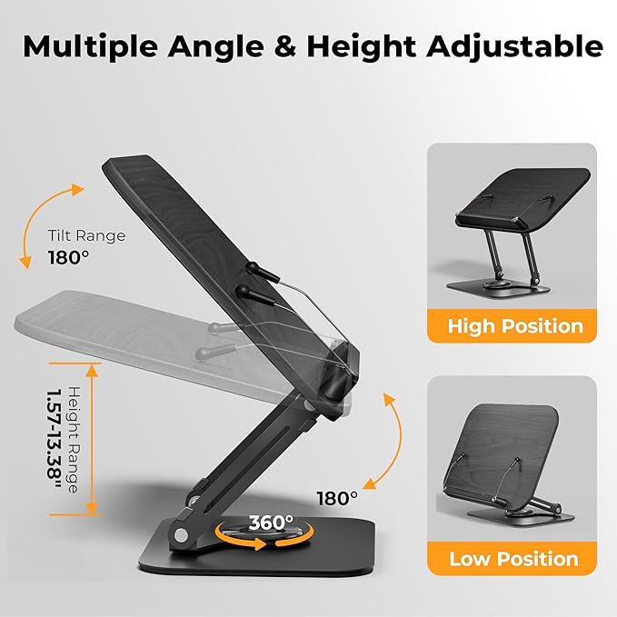 SupeDesk Book Stand for Reading, Adjustable Book Holder with 360° Rotating Bases, Foldable Designs, and Elastic Clips, Multifunctional Display Stand for Recipe, Cookbooks, Magazines, Tablets (Black)