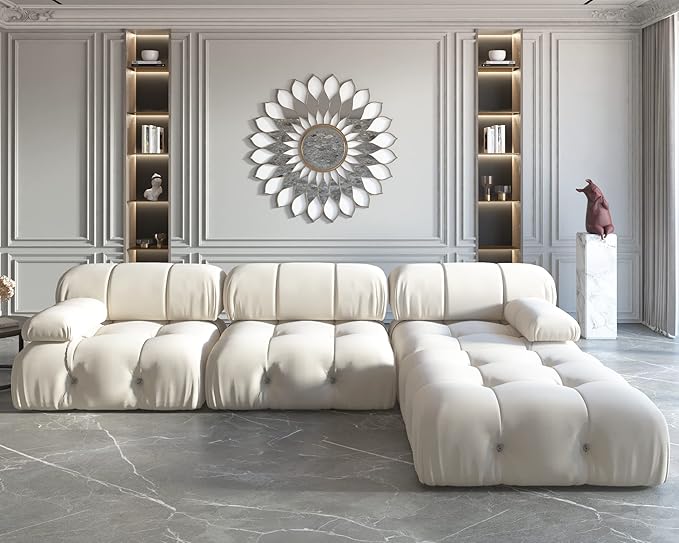 JACH L-Shaped Modular Sectional Couch, Modern Deep 3-Seat Couches with Chaise Ottoman, 104'' Minimalist Teddy Velvet Sectional Sofas, Convertible Sleeper Sofa for Living Room Apartment (Beige)