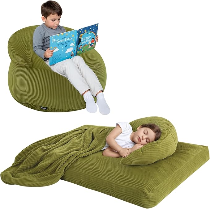 COMAX Bean Bag Chair for Kids, Convertible Toddler Beanbag Bed Corduroy, Children Bean Chair Stuffed to Floor Mattress with Filler, Light Green