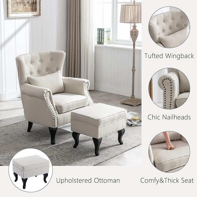 Janoray Mid Century Modern Accent Chair Upholstered Armchair Comfy Linen Fabric Tufted Wingback Single Sofa with Ottoman for Bedroom Living Room, Beige