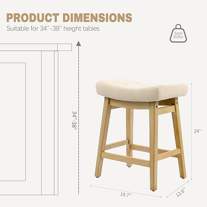 Counter Height Bar Stools Set of 2 for Kitchen Counter, Backless Farmhouse Island Short Barstools No Back with Padded Fabric Saddle Seat & Solid Wood Legs Modern 24 inch Counter Top Bar Chairs, Khaki