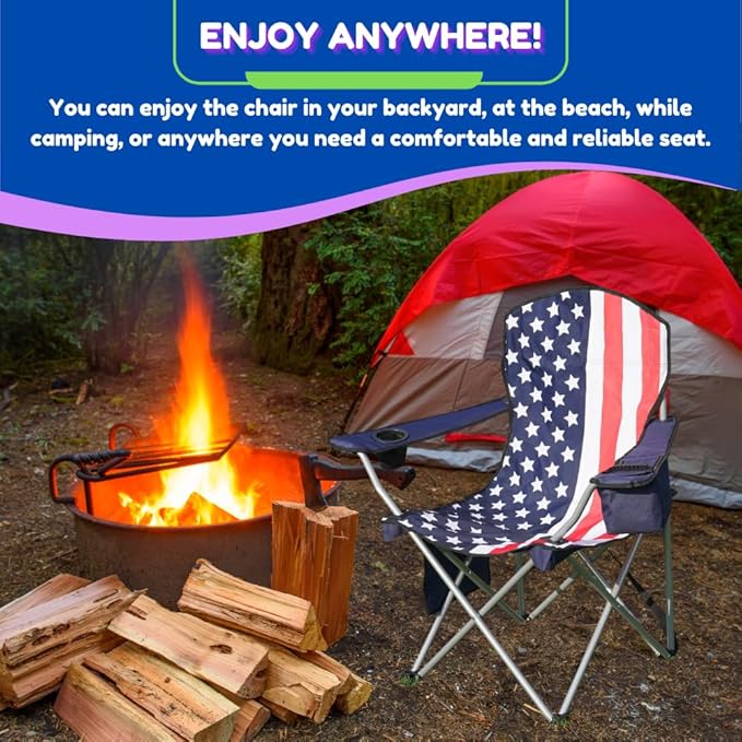 EZONE 2-Pack Camping Chairs with Built-in Ice Cooler, Portable Chair, Storage Pocket, Cup Holder, and Carry Bag Perfect for Camping, Tailgating, Fishing, Beach, and Lawn (2, Flag)