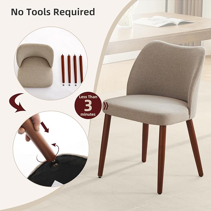 ElfinAura Dining Chair Set of 2, Linen Upholstered Dining Chair with Wood Legs, Wing Backrest, Wooden Kitchen Chair, Kitchen Chairs with Thick Cushions for Dining Room, Living Room, Khaki