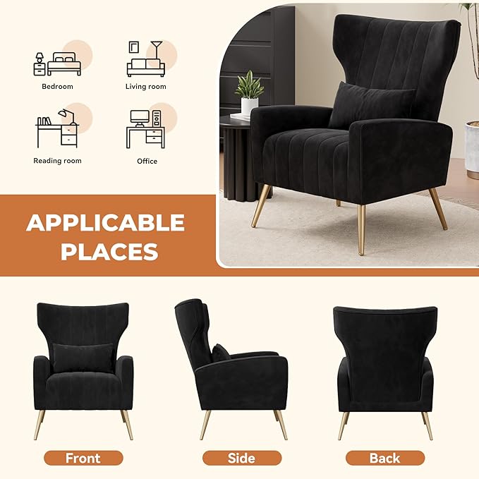 Nalupatio Modern Accent Chairs for Set of 4 Upholstered Velvet Fabric Reading Chair Mid Century Arm Chair Comfy Armchair for Living Room,Black