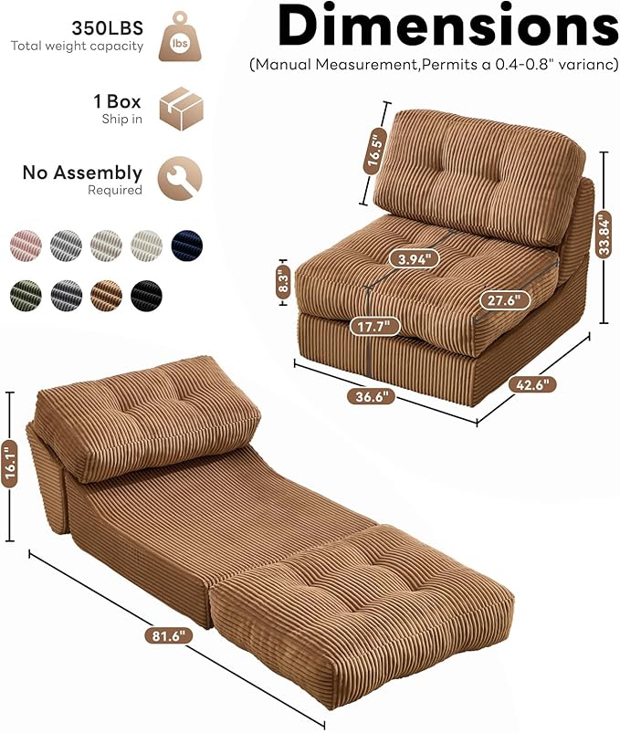 Tbfit 35.8'' Folding Sofa Bed, Convertible Sleeper Chair with Large Pillow, Corduroy Folding Couch Bed, Portable & Foldable Mattress Boneless Floor Sofa Set of 2, Brown