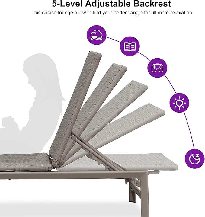 PURPLE LEAF Patio Chaise Lounge Chairs Outdoor 1 Piece, Wicker Pool Lounge Chairs for Outside with Adjustable Backrest, Aluminum Sunbathing Lounger for Patio, Poolside, Garden, Light Taupe