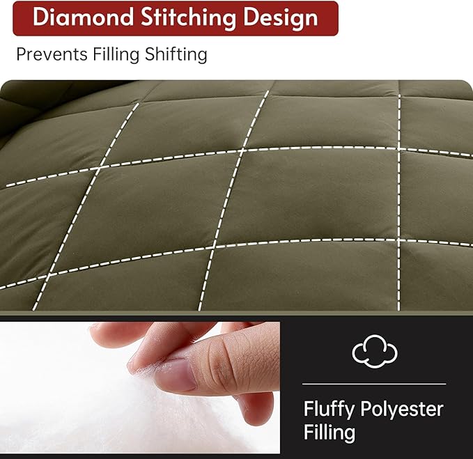MUXHOMO 7 Pieces King Comforter Set, Reversible Bed in a Bag King Size, All Season Bedding Set with Comforter, Flat Sheet, Fitted Sheet, Pillowcases & Shams, Olive Green & Beige