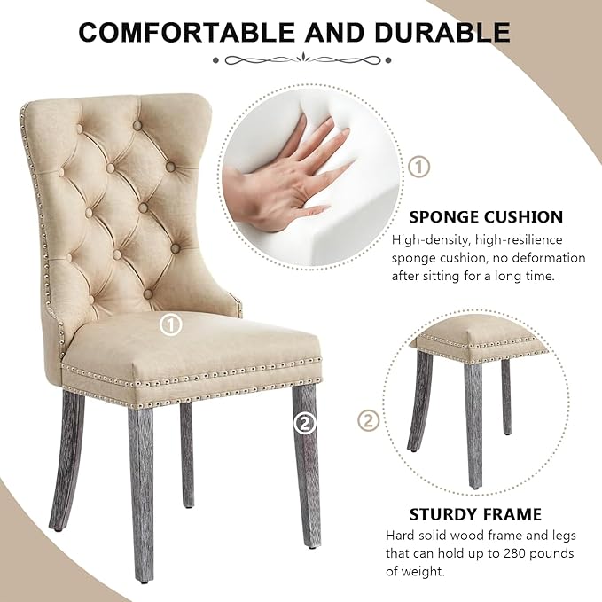Kiztir Leather Dining Chairs Set of 2, Upholstered Dining Chair with Nailhead Trim and Solid Wood Legs, Luxury Wingback Dining Side Chair for Living Room, Bedroom, Kitchen (Beige)