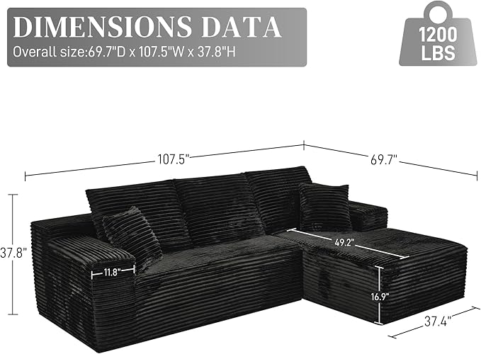 Modular Sectional Sofa Cloud Sectional Couch, 107" Comfy Fluffy L Shaped Black Couches for Living Room, Deep Seat Memory Foam Plush Corduroy Boneless Couch Sectionals with Right Facing Chaise Sofa