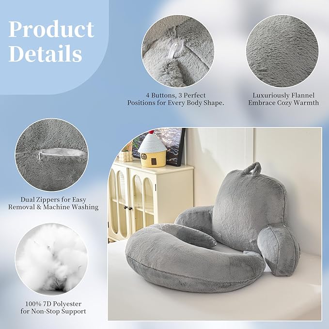 PAJEO Reading Pillow for Bed,U Shaped & Back Support Pillow for Bed,19" Backrest with Lumbar & Arm Support,Luxurious Faux Rabbit Fur,Gaming PillowFor Crochet/Reading/Watching TV,Gray