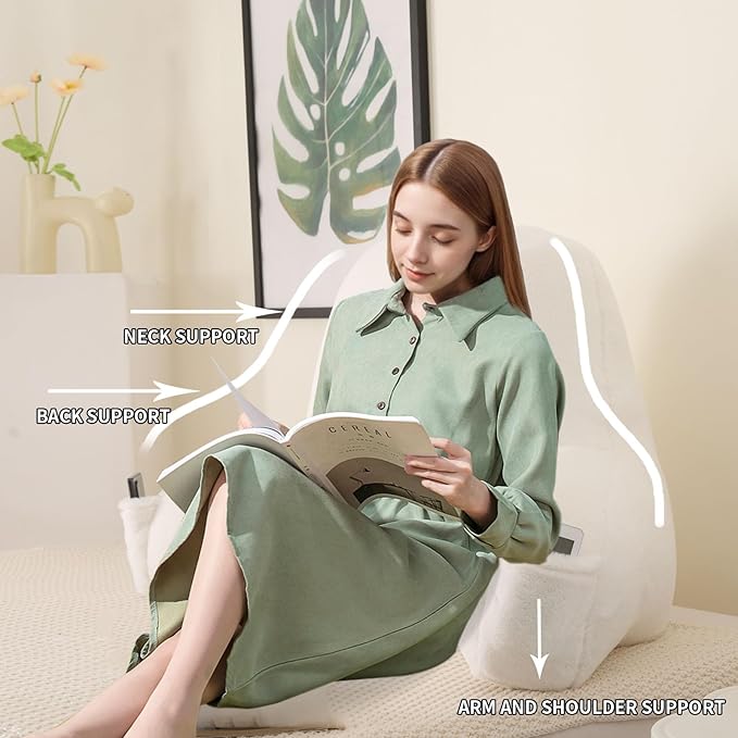 PAJEO Reading Pillow for Sitting in Bed, Large Backrest Reading Pillow with Arm Rest,Back-Rest Support Cushion for Sit Up on Couch, Sofa, and Floor, Dorm Essentials (White Faux Fur, Standard(17"))