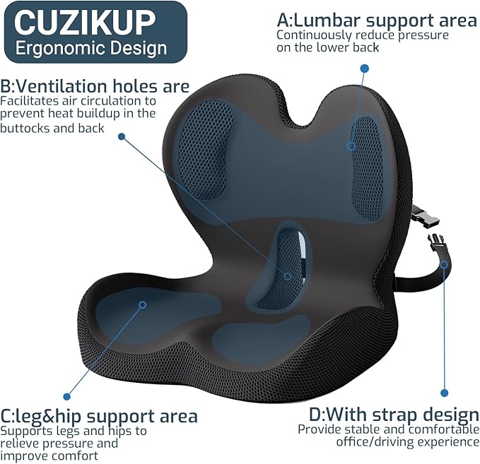 Office Chair Cushions with Lumbar Support Pillow, Soothe Back and Seat Cushion Memory Foam, Non Slip Adjustable Strap for Lower Back Pain Sciatica Relief Office Workers Car Drivers (Black+Ice Silk)