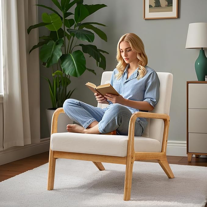 ELUCHANG Mid-Century Modern Accent Chair with Lumbar Pillow, Linen Fabric Comfy Lounge Side Upholstered Reading Armchair for Living Room Bedroom Apartment,Easy Assembly(Beige,2pcs)
