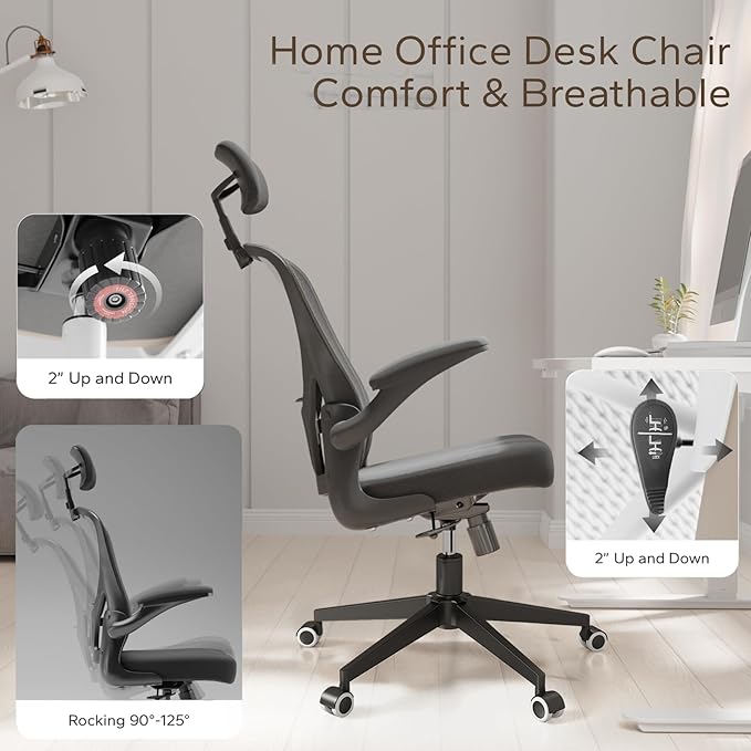 Office Chair with Adjustable Lumbar Support & Flip-Up Armrests -Ergonomic High Back Computer Desk Chair with Thickened Seat Cushion, Rolling Wheels for Home/Office Study Work (02H-Black)