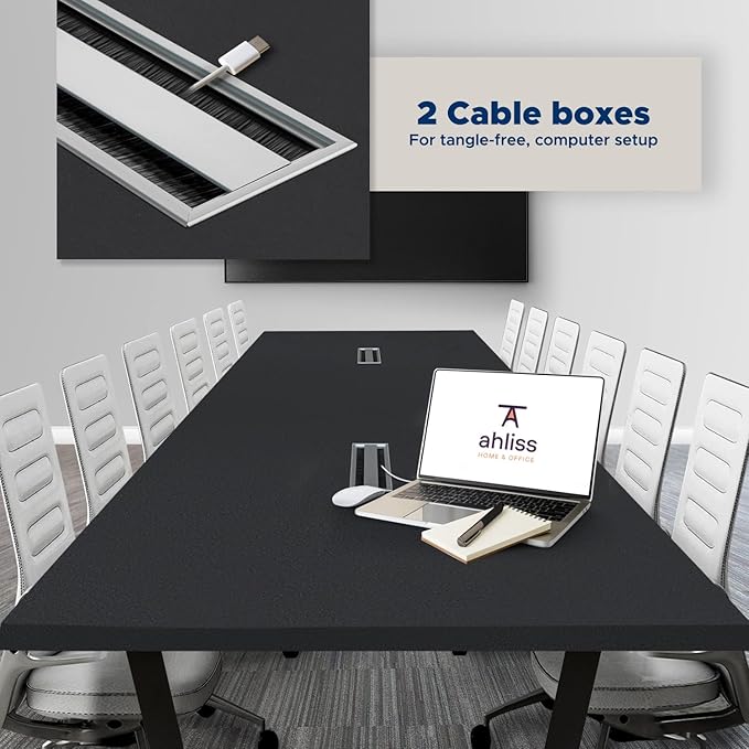 ahliss Sturdy Conference Table with Cable Management Grommets Modern Rectangle Office Meeting Table with Wood Tabletop and Metal Frame & Legs- Easy Assembly Boardroom Table (Black, 12 Foot)