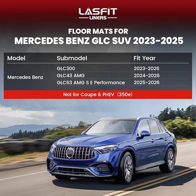LASFIT Floor Mats & Cargo Mat for Mercedes Benz GLC SUV 2026 2025 2024 2023 GLC300 / GLC43 AMG / GLC63 AMG S E (Not for Coupe & PHEV (350e)), All Weather TPE Floor Liners & Trunk Mat