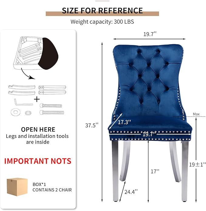 YeahFurn Mid Century Modern Dining Chairs Set of 2, Blue Velvet Upholstered Tufted Back, Kitchen & Dining Room Chairs, Brushed Silver Metal Legs, Nailhead Trim, Sillas para Comedor (Blue, 2 Pcs)