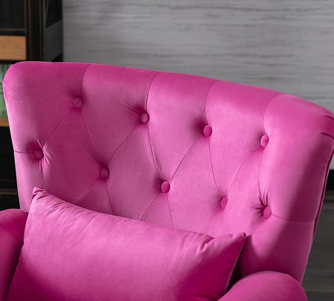 Janoray Mid Century Modern Accent Chair Upholstered Armchair Comfy Velvet Fabric Single Sofa with Tufted Wingback for Small Spaces Bedroom Living Room, Hot Pink