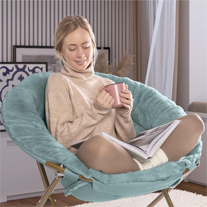 Milliard Saucer Chair For Adults, Teens & Kids, Blue, Faux Fur XL Circle Chair for Bedroom, Dorm & Gaming, Foldable Comfy Accent Seat for Small Spaces, Folding Moon / Mushroom / Round Oversized Style