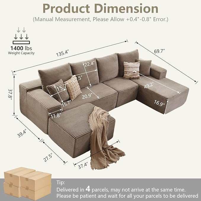 Lakifun 135" U-Shape Cloud Couch, Modern Modular Sectional Comfy L-Shape Sofa with Ottoman, Deep Seat, Upholstered Corduroy Sleeper Chaise Longue for Living Room Bedroom, No Assembly Required, Camel