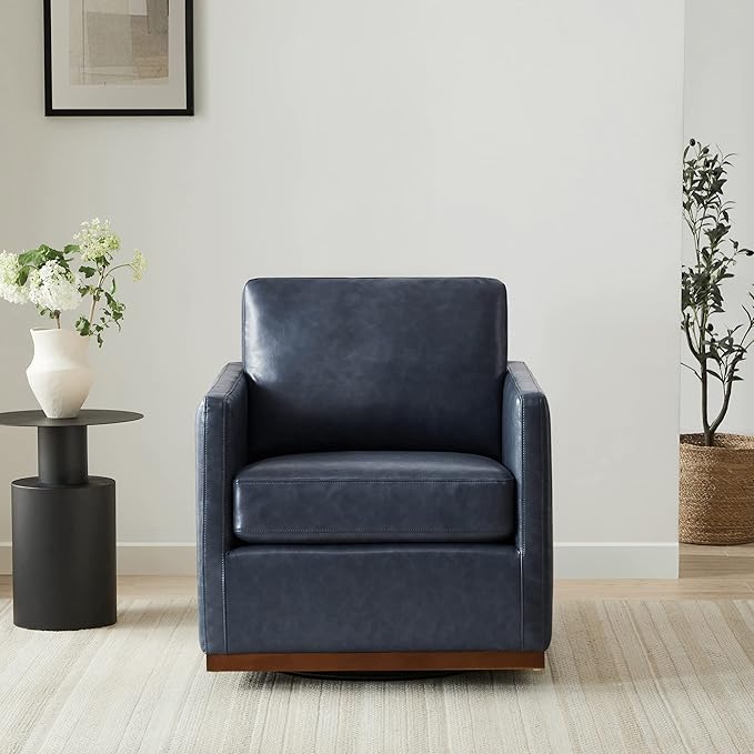 CHITA Swivel Accent Chair, Faux Leather FSC Certified Mid Century Modern Arm Chair for Living Room and Bedroom, Fully Assembled, Navy Blue