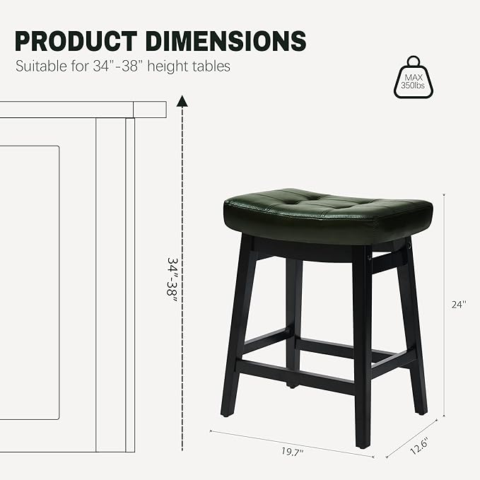 RNKSFX Counter Height Bar Stools Set of 4 for Kitchen Counter Farmhouse Modern Barstools with Faux Leather Upholstered Backless Seat and Solid Wood Legs 24 inch Bar Chairs, Green + Black