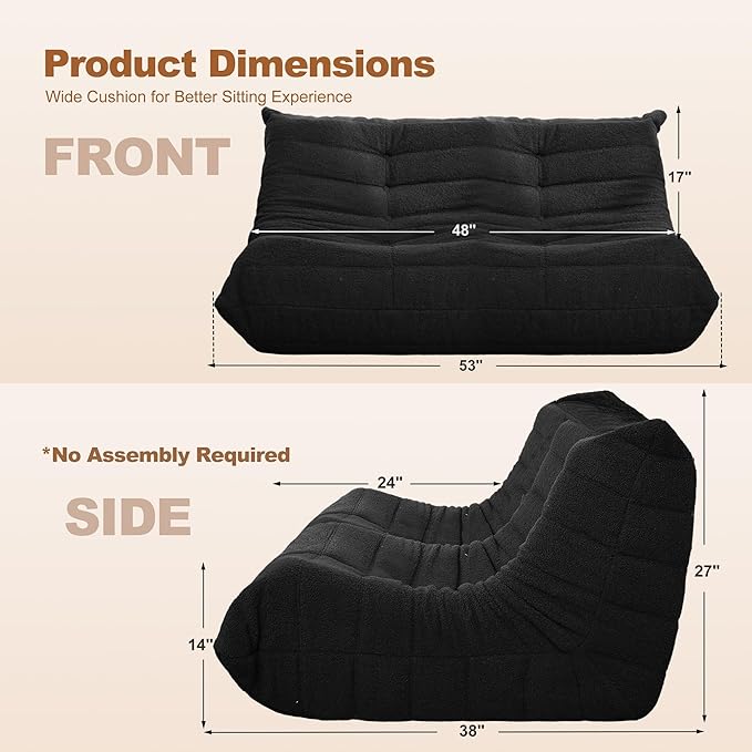 Bean Bag Loveseat Chair Big Sofa Beanbag Chair for Adults Fireside Chair Bean Bag Lounger with Memory Foam Filled for Home,Apartment or Gaming Venue（Black Teddy）
