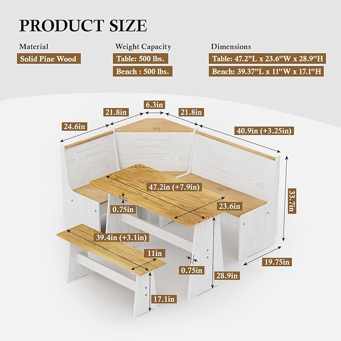 Breakfast Nook Dining Table Set – L-Shaped Kitchen Nook Booth with Bench Seating, Farmhouse Corner Dining Table for Small Spaces, White Wood Dining Room Nook Furniture