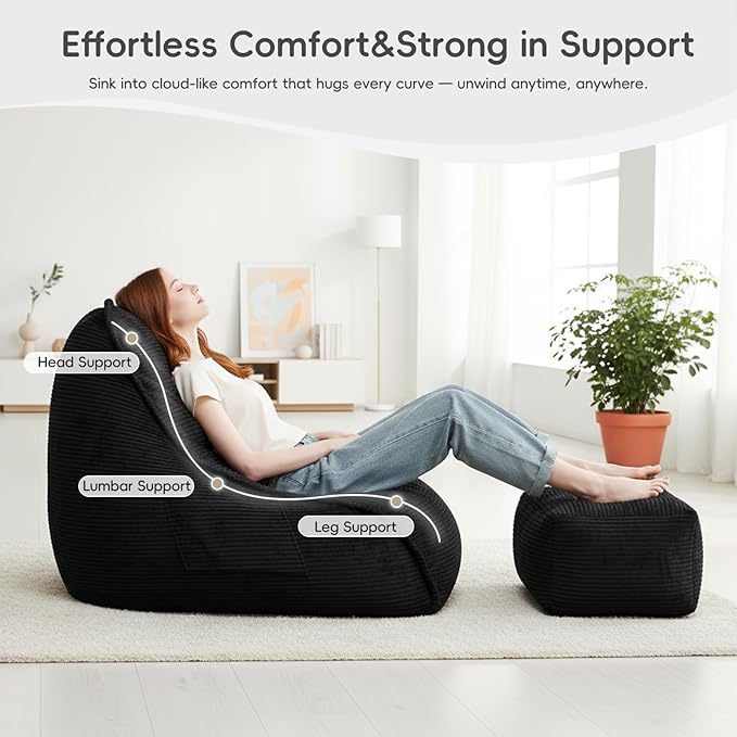 Cloud Bean Bag Chair with Ottoman for Adults, Comfy Corduroy Chaise Lounge Chair with High-Resilience Foam, Boneless Reading Chair for Bedroom & Living Room (Black)
