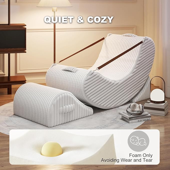 Gaint Bean Bag Chairs for Adults, Beanbag Lounge Filled with Memory Foam, Adjustable Angle, Corduroy Fabric, with Detachable Footrest for Bedroom, Living Room and Nursery(White)